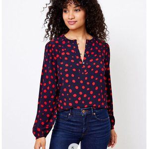 Loft Navy Red Dotted Split Neck Blouse XL